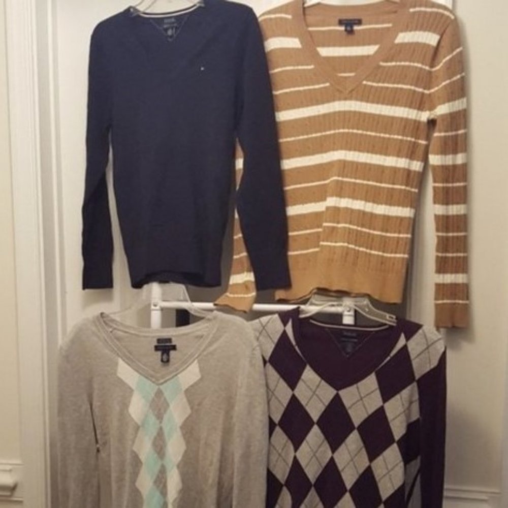 TOMMY HILFIGER Sweaters Academia lot 4 Cotton Preppy Argyle Stripe Fall V-Neck - Picture 5 of 5